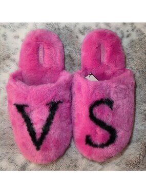 NWT Victoria's Secret Summer Pink Faux Fur Slippers - Large 9/10 - Retired